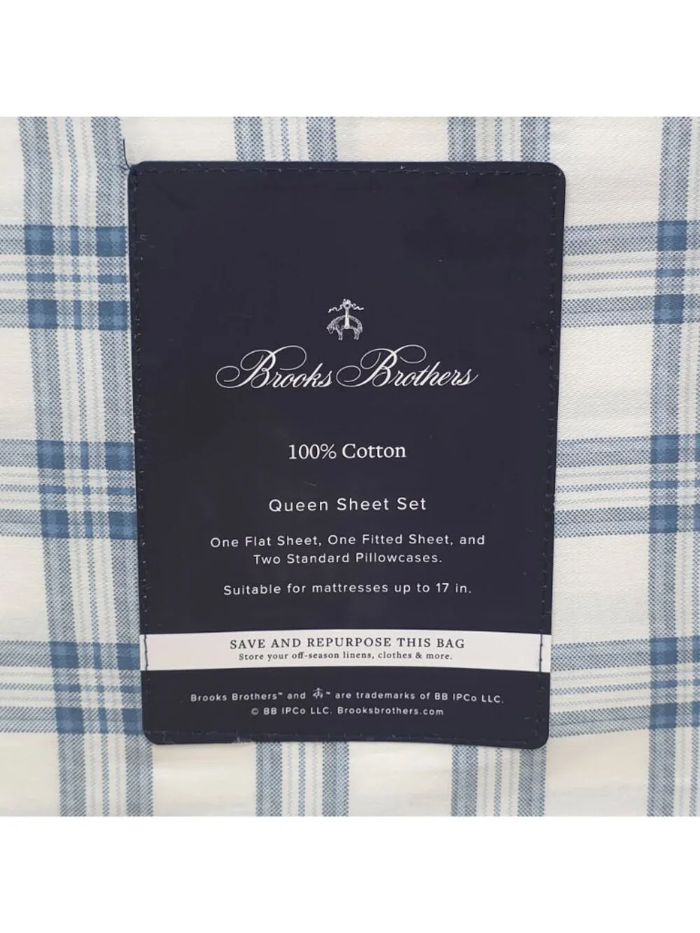 Brooks Brothers Plaid 100% Cotton Queen Sheet Set With PVC-Free Packaging